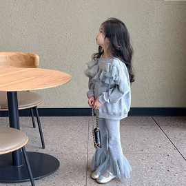 女童套装秋装2025新款儿童网纱拼接卫衣喇叭裤两件套女孩网红套装