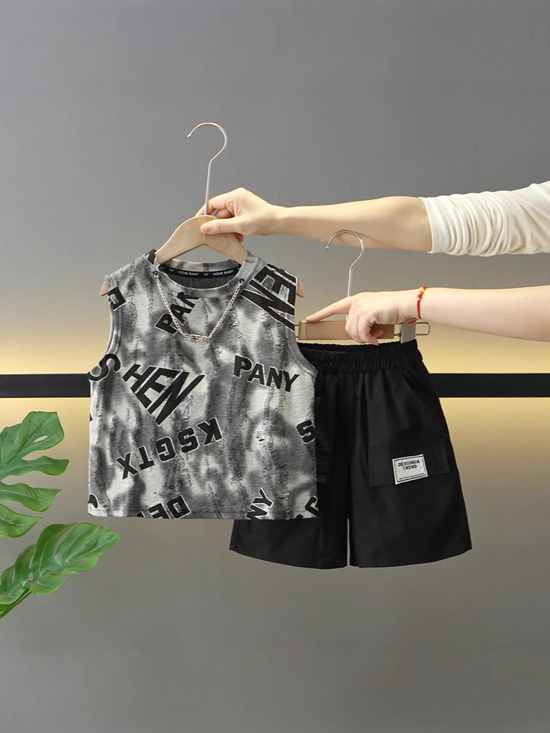 7910 traje de chaleco de verano para niños 2025 nueva ropa de bebé de dos piezas sin mangas delgadas de verano para niños de moda