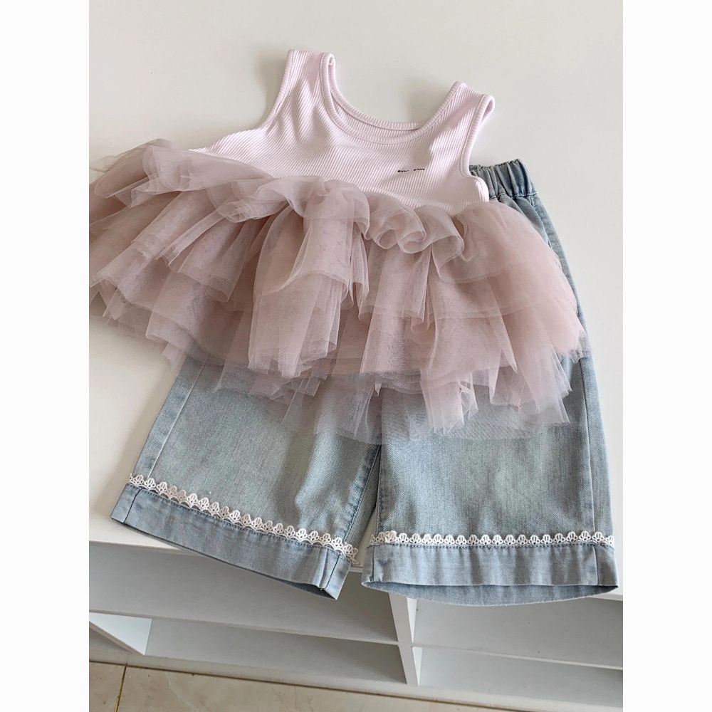 Girls Summer Suit 25 New Girls Korean Style Cute Princess Style Mesh Splicing Vest Children's Lace Jeans