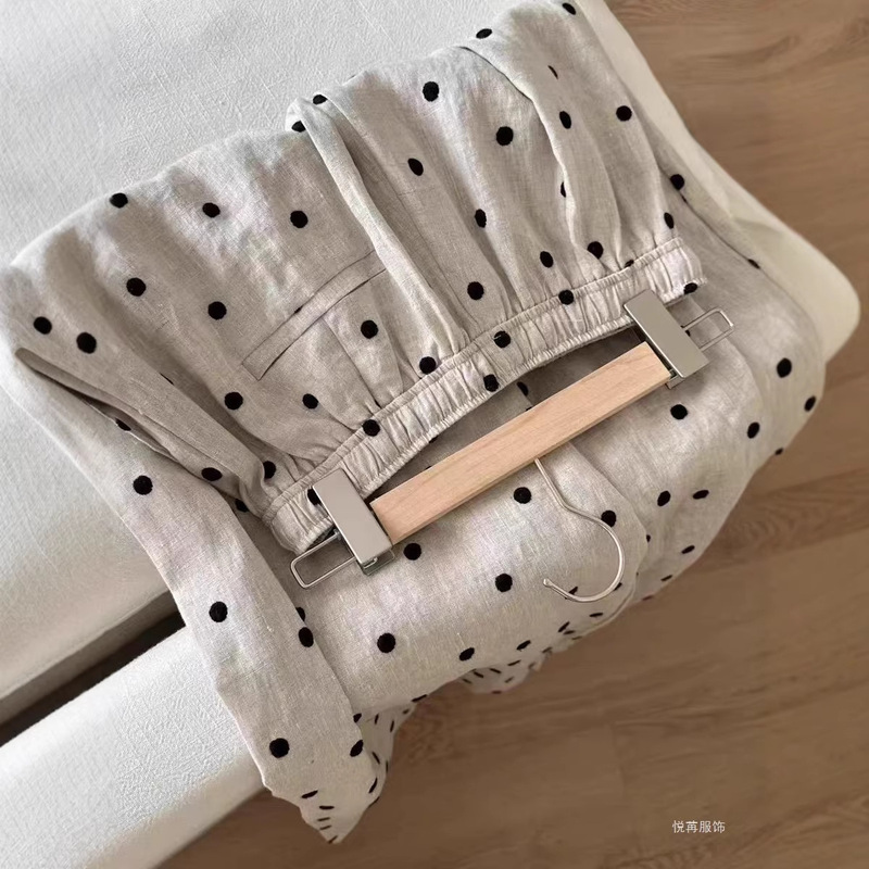 Xiaowen's Linen Printed Polka Dot Pants - Summer Lazy Style Artistic Elastic Waist High-Waisted Wide-Leg Pants