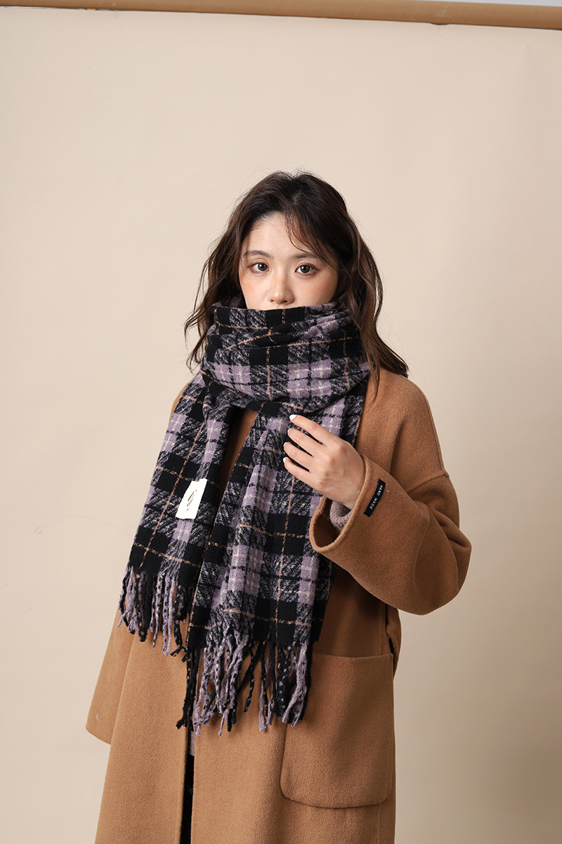 Checkered scarf women's 2024 new violet warm scarf, autumn winter atmosphere, high-end and versatile_voghion.com