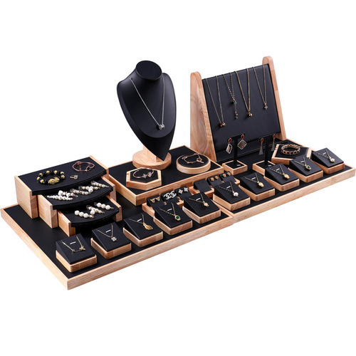 Solid wood black leather jewelry display props combination set counter window jewelry ornaments jewelry display display shelf
