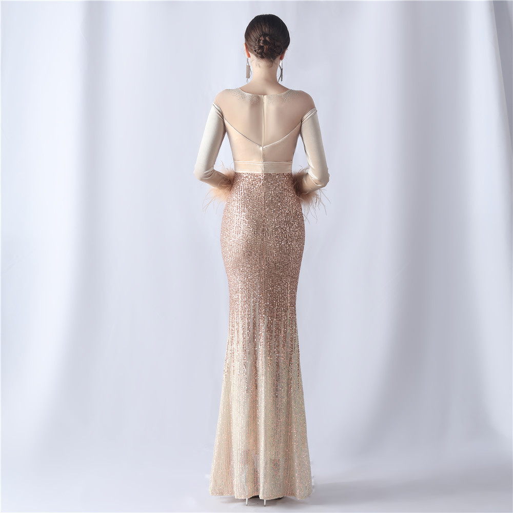 Women's gradient beaded diamond velvet high-end evening dress_voghion.com