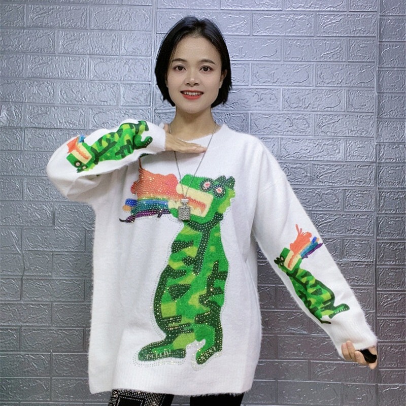 Korean Fashion Dinosaur Printed Crewneck Sweater Women's Autumn and Winter 2024 New Rhinestone Knitted Design Niche Top