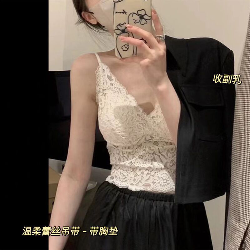 Lace Beautiful Back Intimates, Feminine Cut Out All-In-One Fixed Cup Sling, Thin Top for Outer Wear and Inner Wear in Summer