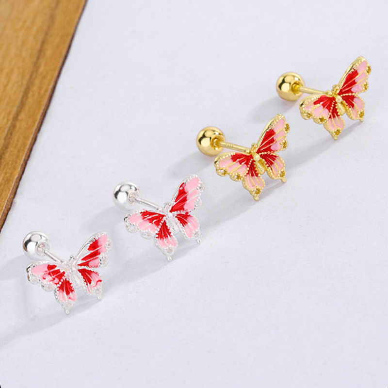 新款琺瑯蝴蝶螺絲擰扣耳骨釘時尚潮流氣質個性設計感昆蟲耳環耳飾