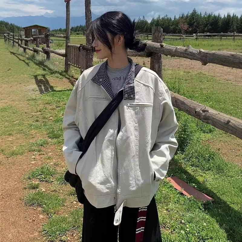 American Splicing Pure Color Stand Collar Jacket for Men and Women Versatile Spring and Autum New Canvas Cleanfit Casual Jacket