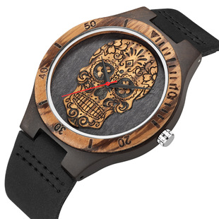 Cross-border Skull Wooden Watch Quartz Scale Dial Double Color Watch Round Dial Men's Watch Wholesale