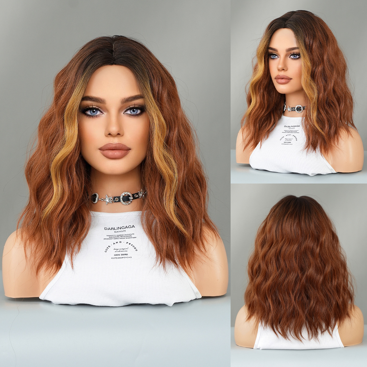 Extensions de cheveux noirs avec raie au milieu, mèches dorées, longueur des épaules, ondulées, bouclées, cheveux courts, coiffure complète pour femme, perruque Bob_voghion.com