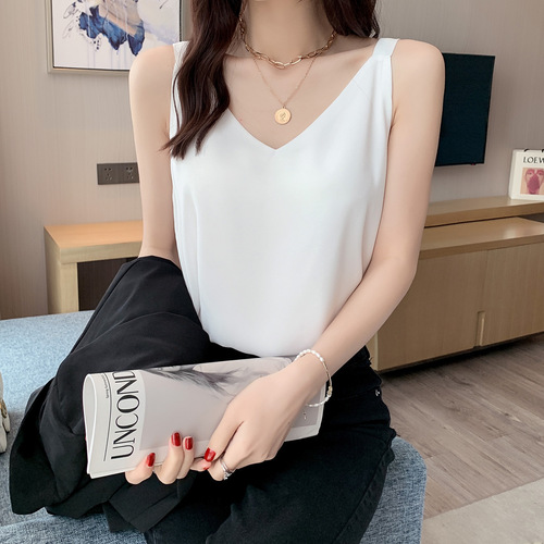 Women's Sheer Straps Camisole Top  Summer V-Neck Double Layer Loose Fitting Slimming Outerwear and Innerwear White Base Shirt Top