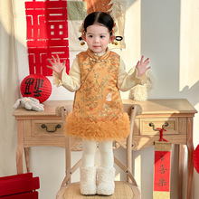 点兮冬季新款婴幼儿加绒加厚新中式刺绣连衣裙套装女宝保暖两件套