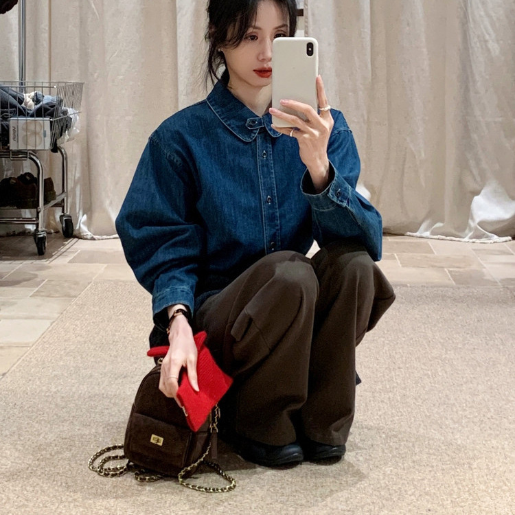 Brivin Korean-Style Dark Blue Denim Shirt for Women, New Winter Model with Retro Hong Kong Style Design, Long-Sleeve Top Brivin Korean-Style Dark Blue Denim Shirt for Women, New Winter Model with Retro Hong Kong Style Design, Long-Sleeve Top