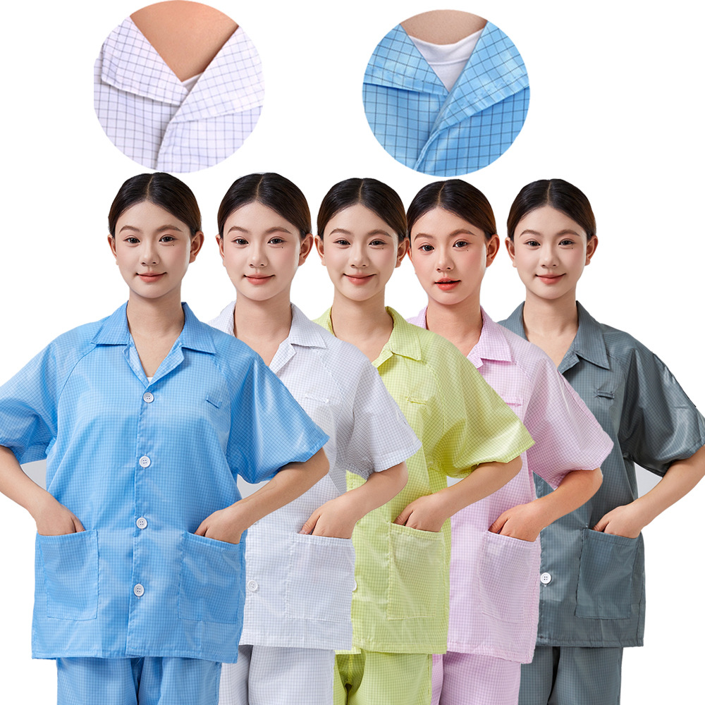 防静电短袖网格上衣食品厂纽扣格子静电衣无尘电子厂夹克工作服