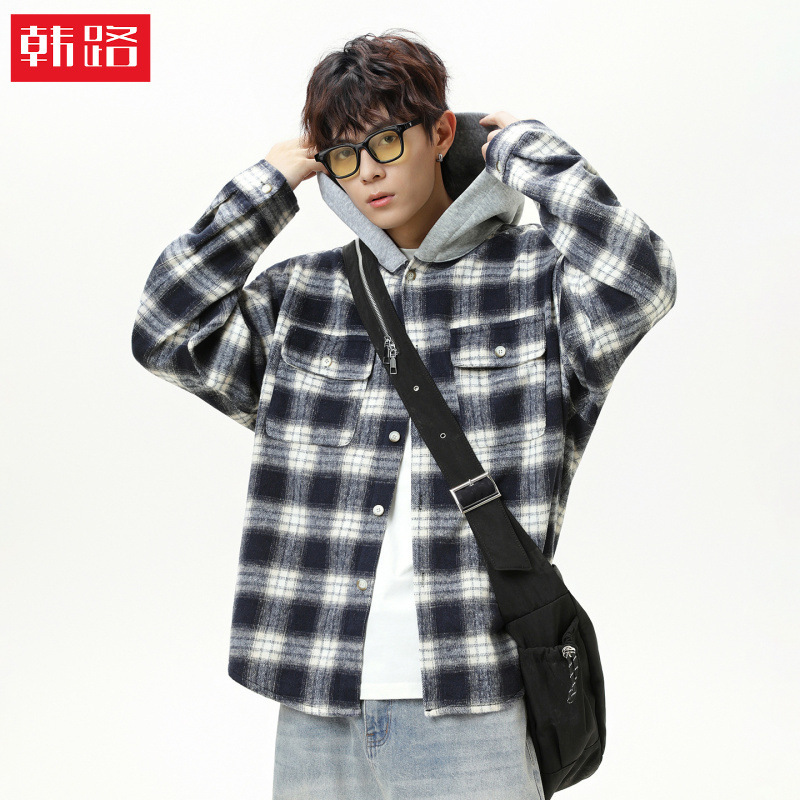Color-Blocking Brushed Plaid Hooded Long-Sleeve Shirt for Women, Autumn Vintage Loose Trendy Couple's Shirt Jacket Q Color-Blocking Brushed Plaid Hooded Long-Sleeve Shirt for Women, Autumn Vintage Loose Trendy Couple's Shirt Jacket Q