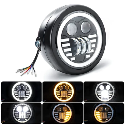 Motorcycle modification dual-headlight for foreign trade, off-road riding, 12V universal retro LED headlight with bracket (Motorcycle headlights, headlights) - smiley-face-lamp