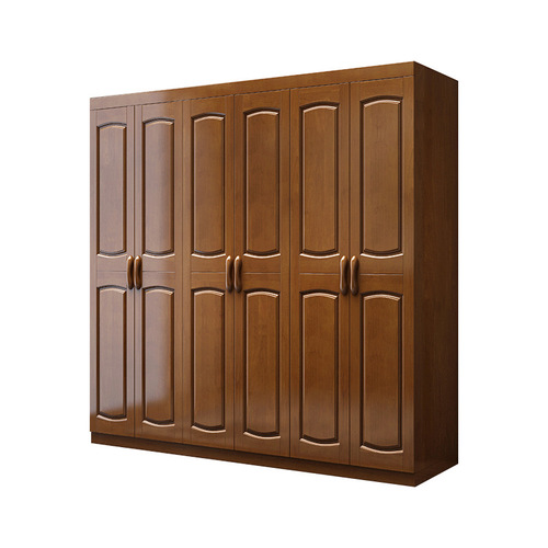 Modern Chinese solid wood wardrobe rubber wood double doors three, four, five and six doors large wardrobe bedroom furniture factory direct sales
