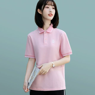 夏季粉色翻领polo衫t恤工作服女短袖上衣学生班服幼儿园老师园服