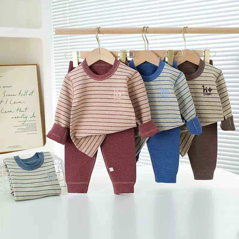 儿童德绒彩条保暖内衣套装秋冬条纹秋衣秋裤家居服