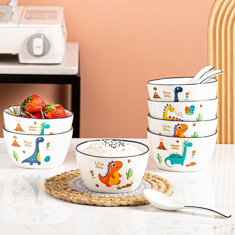 碗家用恐龙碗一家四口饭碗卡通碗陶瓷米饭碗网红可爱碗勺餐具组合