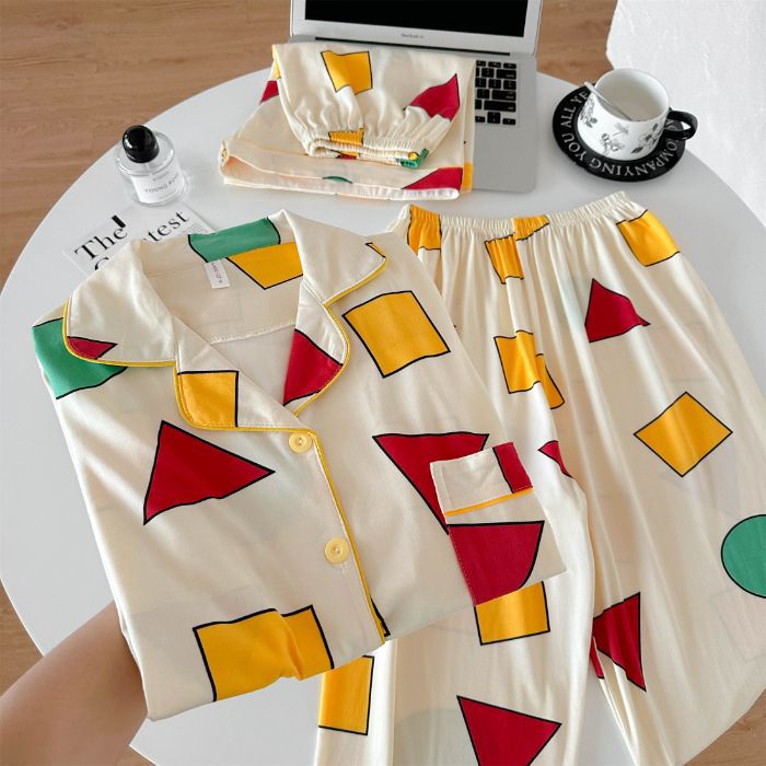 Pijamas de algodón de imitación de tres piezas 160G pantalones cortos de manga corta de verano para mujer