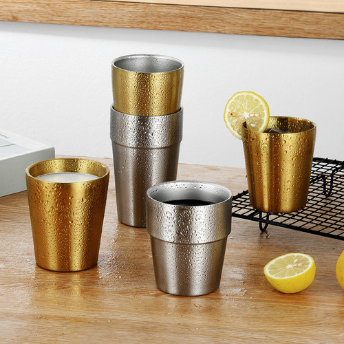 Stainless steel cup with drilling and hammer texture, double-layer Korean style, large capacity, stackable, fire rhombus tea cup, water cup, coffee cup 304