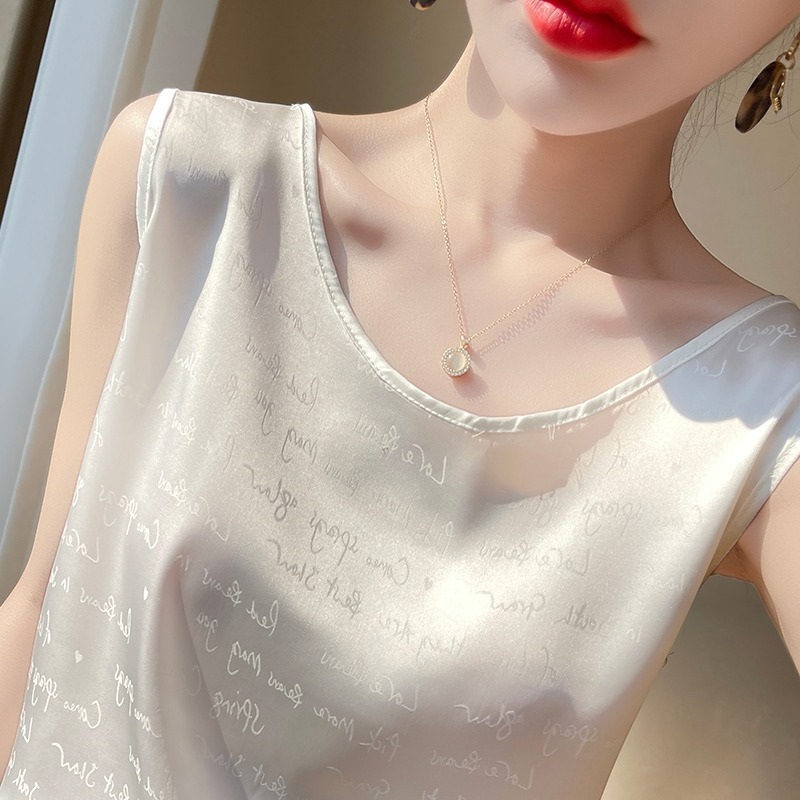 Silk Camisole Women's Suit with Satin Mulberry Silk White Round Neck Sleeveless Bottoming Shirt Summer Top
