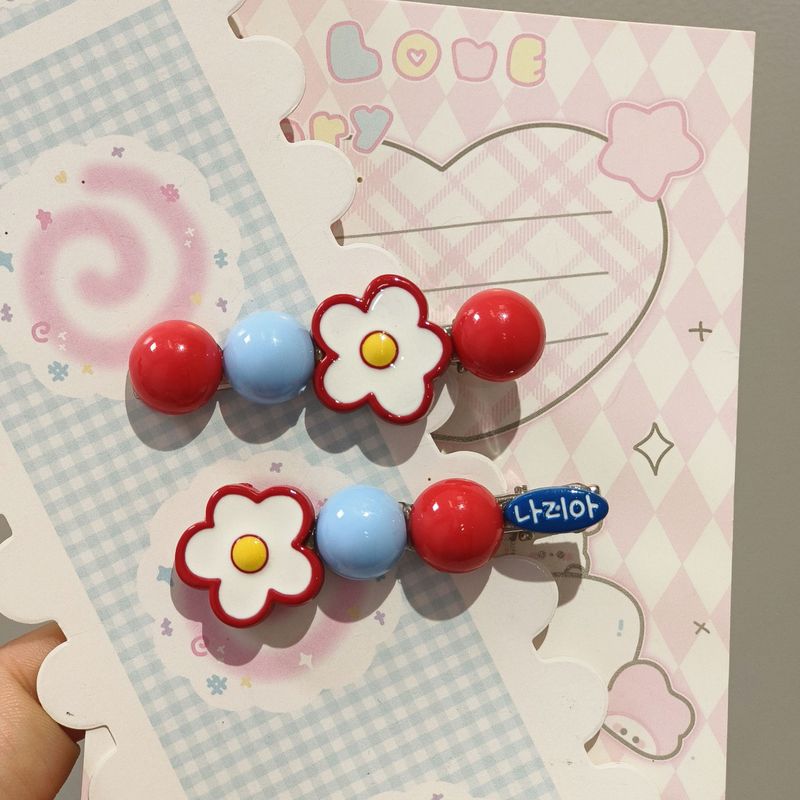 韩系新款红蓝撞色圆珠花朵发夹可爱碎发前额侧边发卡刘海夹头饰批|undefined