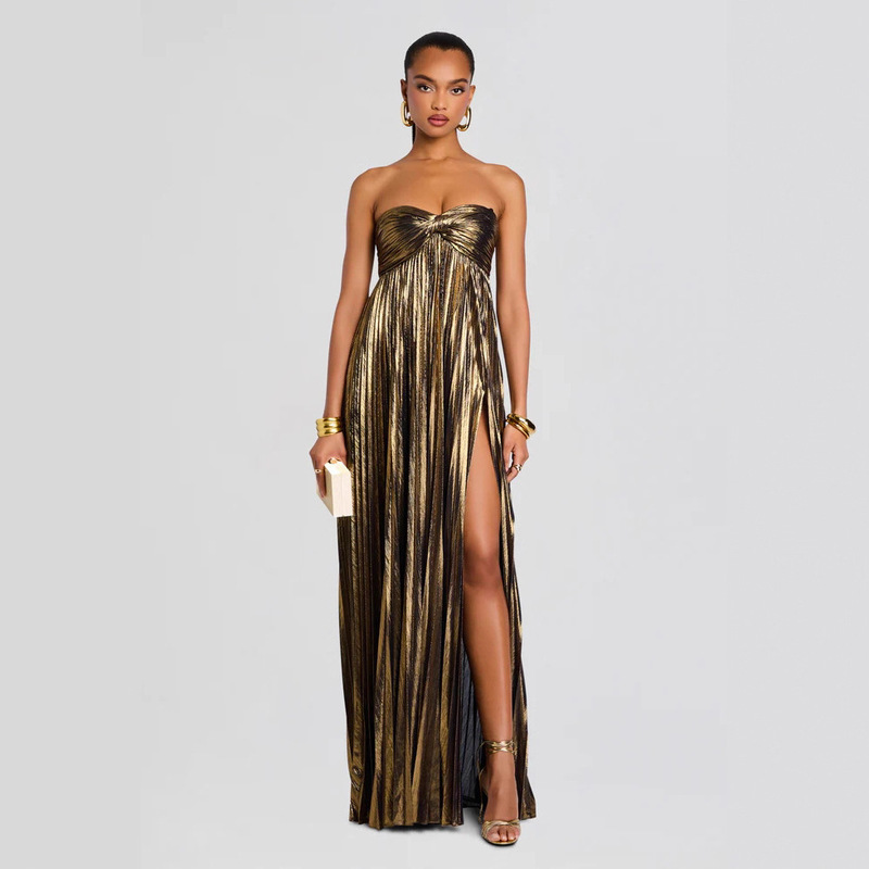 Cross-Border European and American Style Bustier Dress with a High-End Feel, Pleated Formal Dress with an Elegant and Sexy Slit, Women's Evening Gown Cross-Border European and American Style Bustier Dress with a High-End Feel, Pleated Formal Dress with an Elegant and Sexy Slit, Women's Evening Gown