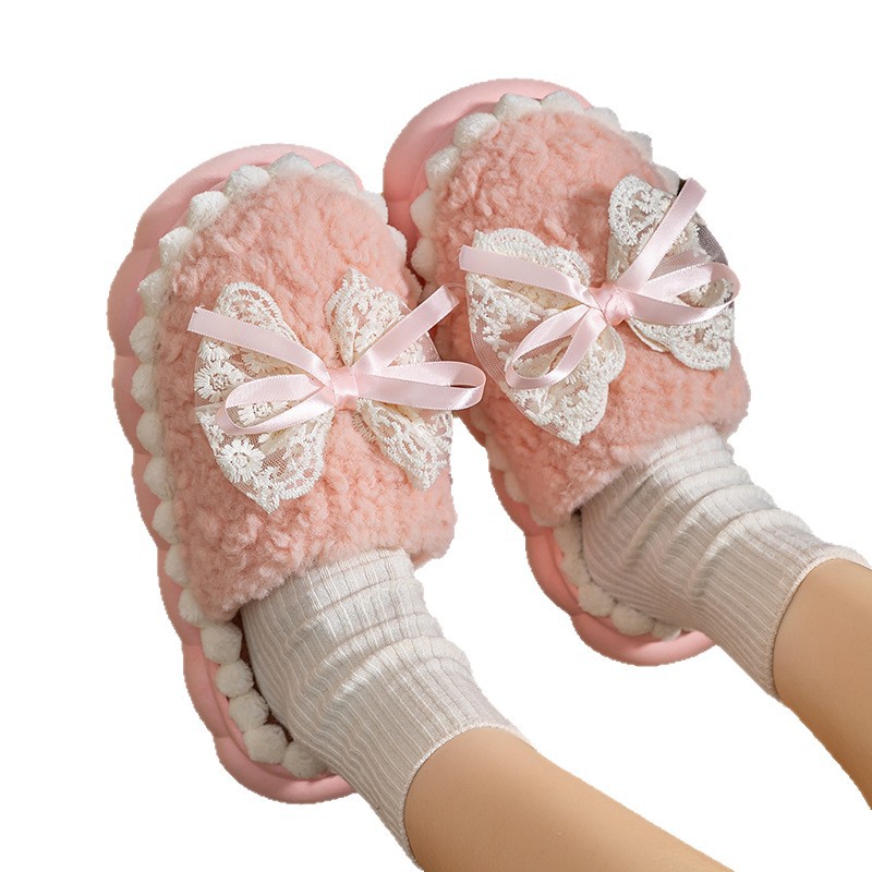 2025 nuevo cordón de arco zapatillas de algodón invierno damas gruesas calentamiento antideslizante silencioso zapatillas de interior