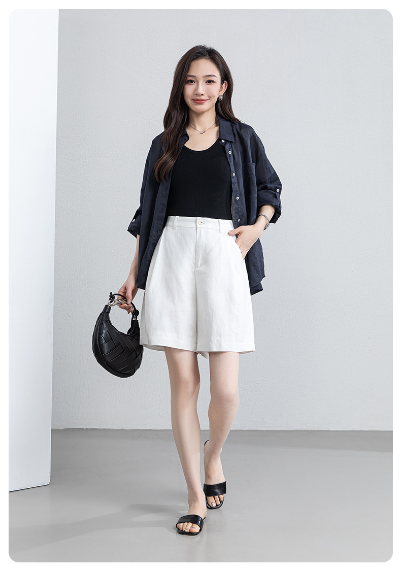 Quần short nữ cạp cao dáng chữ A ống rộng chất liệu linen phối lụa thoáng mát — màu xanh navy chi tiết 24