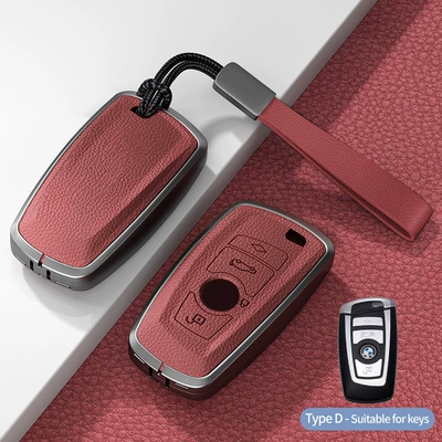 Suitable for Bmw Key Cover 5 Car key bag - model-d-square-smart-4-button-no-standard-style-volcanic-red-hand-rope-buckle-single-shell