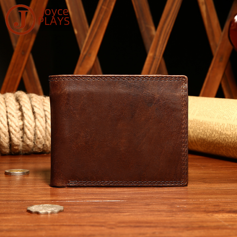 Men's Short Handle Genuine Leather Wallet RFID Blocking Magnetic Head Layer Cowhide European and American Fashion Casual Money Clip Mademoiselle Silver Bag