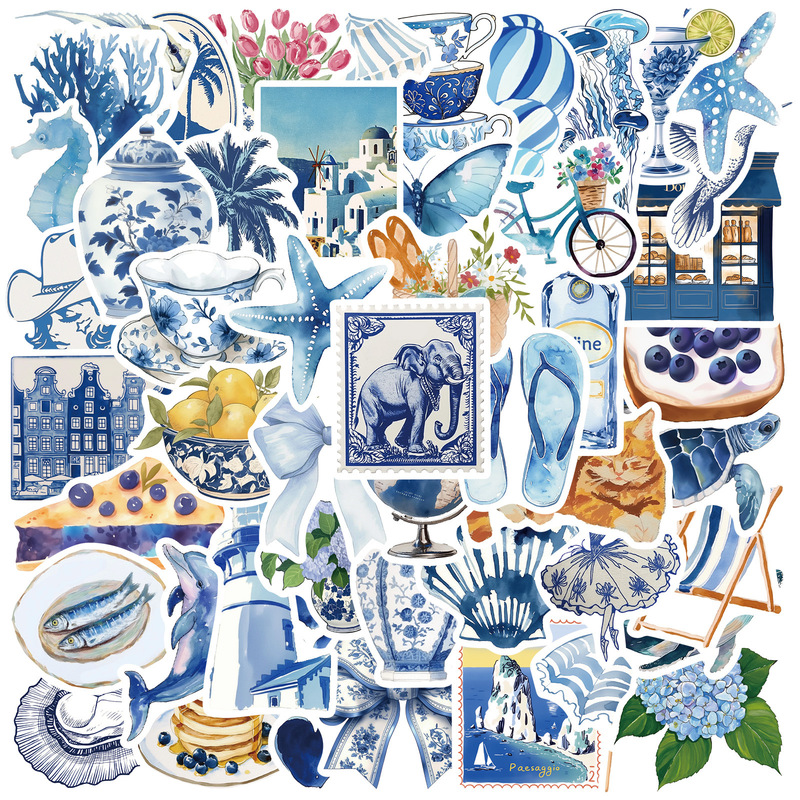 50 Cross-Border Beautiful Blue Watercolor Stickers DIY Notebook Polaroid Suitcase Handbook Stickers Self-Adhesive