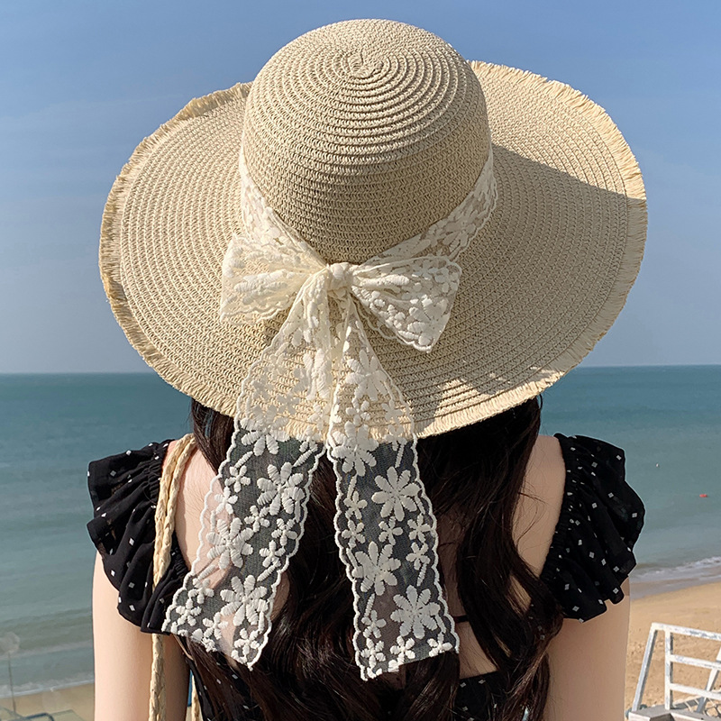 Sombrero de paja con lazo – estilo veraniego, ala ancha, para playa o vacaciones al aire libre
