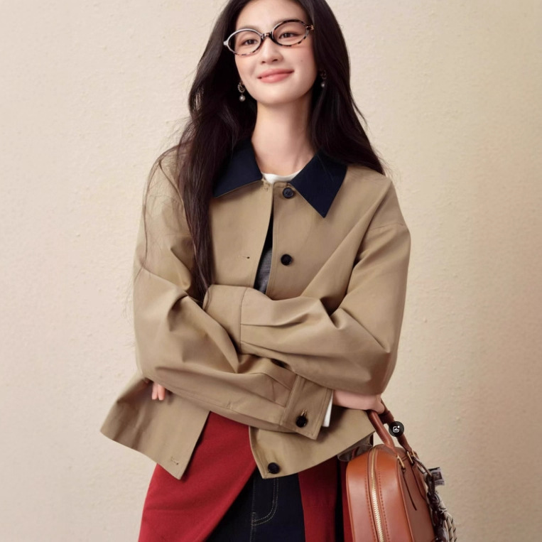 巴恩风撞色翻领风衣25秋新款小个子气质外套女7G8160261|undefined
