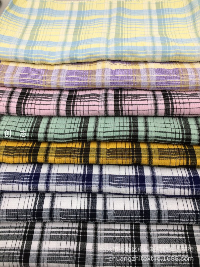 斜纹TR格子水洗绉布肌理感女装连衣裙套装吊带衫春夏布料梭织先染