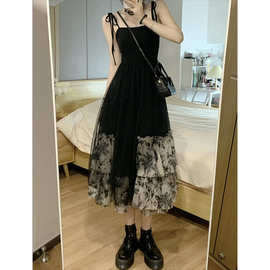 子女夏季韩版带网纱连衣裙感法式高级小黑裙吊长裙赫本风裙