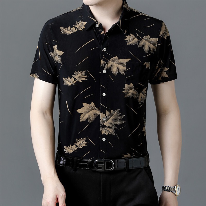 Cross-Border Middle-Aged Men's Short-Sleeved Floral Shirt with Lapel, Casual Breathable Business Dad Wear, Printed Half-Sleeved Shirt with Floral Print