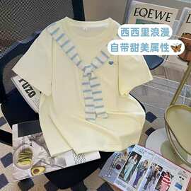 外贸批发女童夏季短袖T恤洋气学院风中大童百搭宽松披肩半袖上衣t