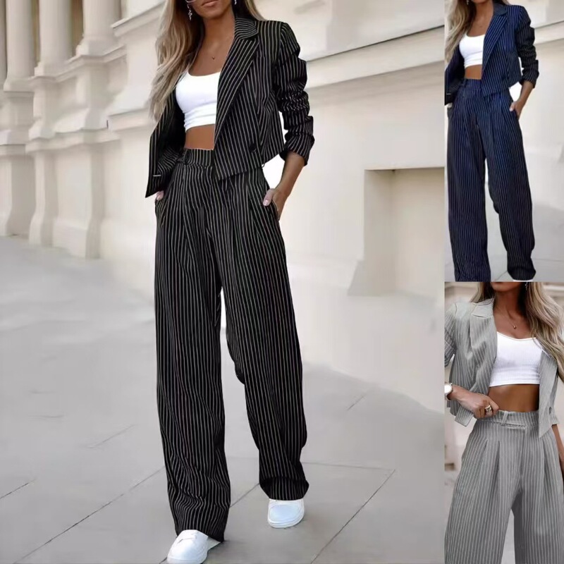 2024 New Cross-Border European and American Style Striped Suit Set for Women, Casual Wide-Leg Pants Two-Piece Set, Fashionable Workwear Trendy Outfit 2024 New Cross-Border European and American Style Striped Suit Set for Women, Casual Wide-Leg Pants Two-Piece Set, Fashionable Workwear Trendy Outfit