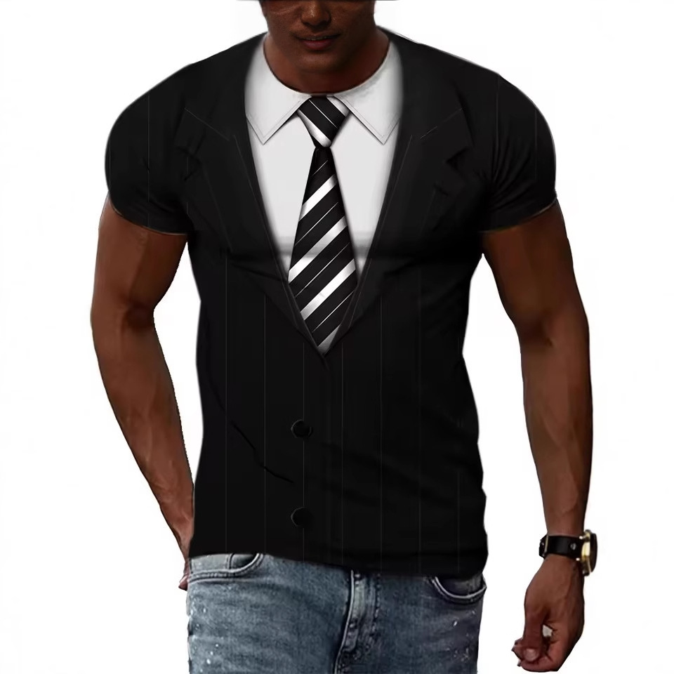 Divertido traje y corbata con estampado 3D para hombre, personalidad de la calle de verano, camiseta suelta y transpirable de manga corta con cuello redondo en stock