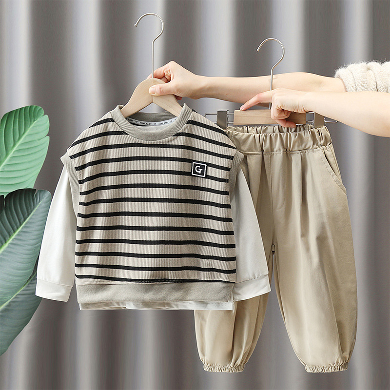 5854 traje de chaleco a rayas para niños 2024 nuevo traje de primavera y otoño estilo occidental bebé casual traje de tres piezas otoño para niños