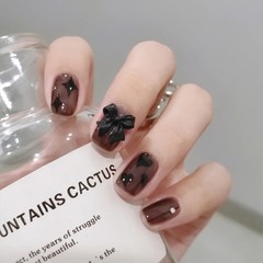 Midnight Dark Coffee Black Bow: Trendy European & American-Style Sweet-Cool Edgy Short Nail Stickers—Removable, Wearable, Wholesale Price