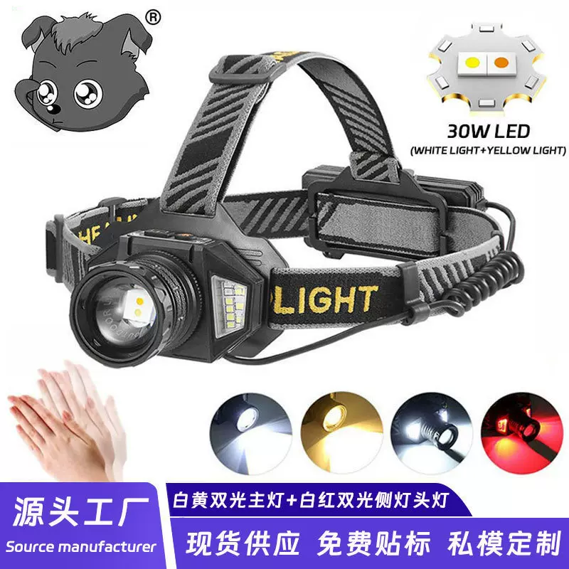 跨境白黄双光源感应头灯强光多功能电筒头戴户外变焦充电钓鱼头灯
