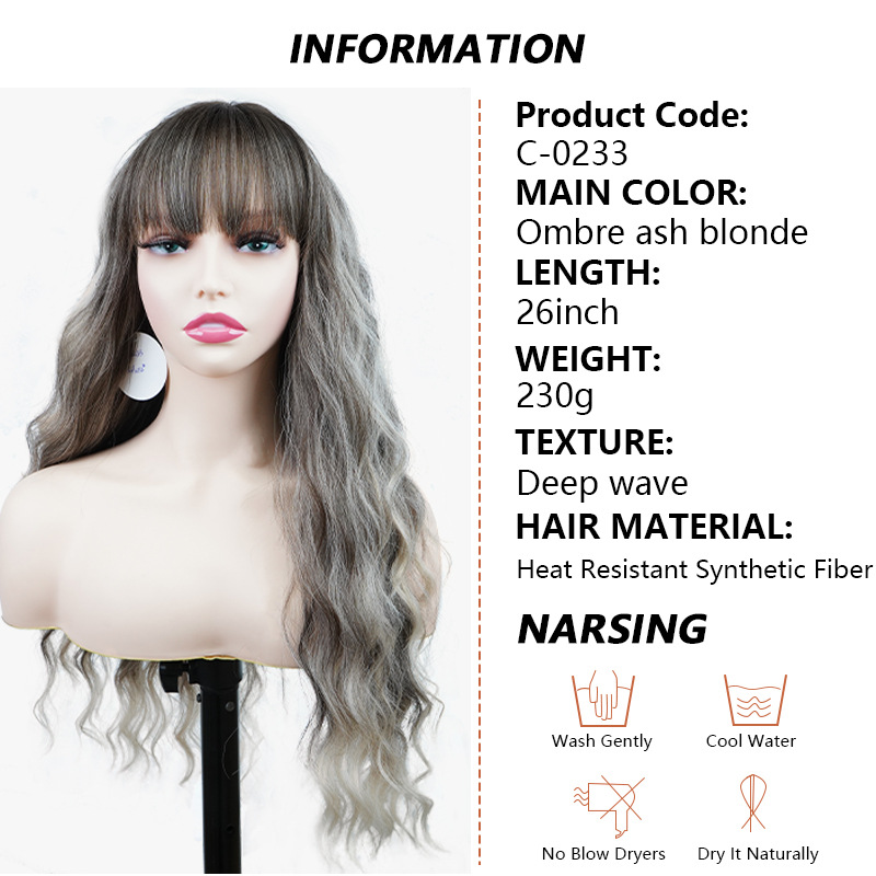 Synthetische Perücke, Chemiefaser-Perücke, komplettes Set, Farbverlauf, grau, gerader Pony, tiefe Welle, lange lockige Haarperücken_voghion.com