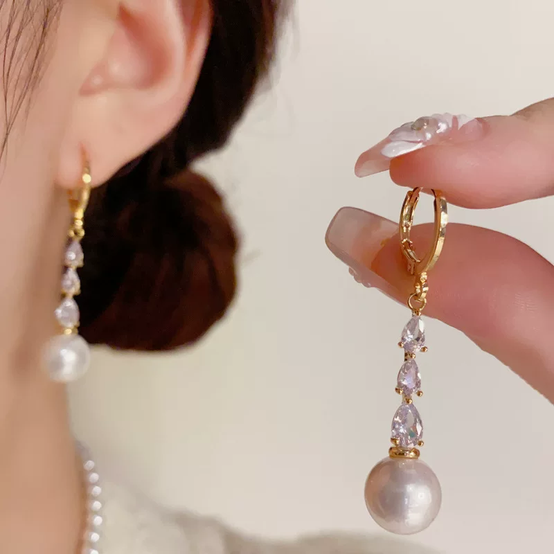 Модные zirconia, универсальные изысканные длинные серьги из жемчуга, французский стиль, стиль лёгкой роскоши