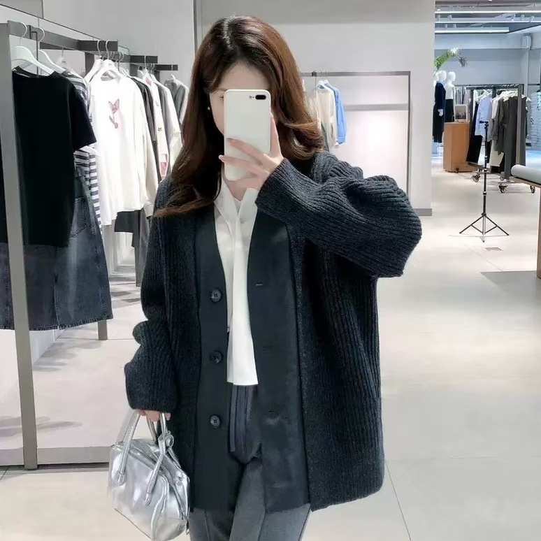 现货2025秋季新款宽松休闲设计感拼接假两件针织开衫女 5F9132131|undefined