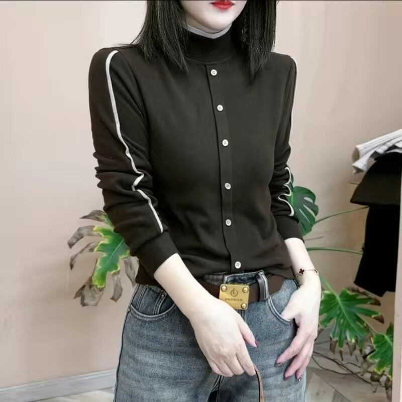 Double-Sided Velvet Bottoming Shirt 2025 Autumn and Winter New Style Foreign Style Age-Reducing Long-Sleeved High Collar Color Matching Fashion Large Size Women's T-Shirt