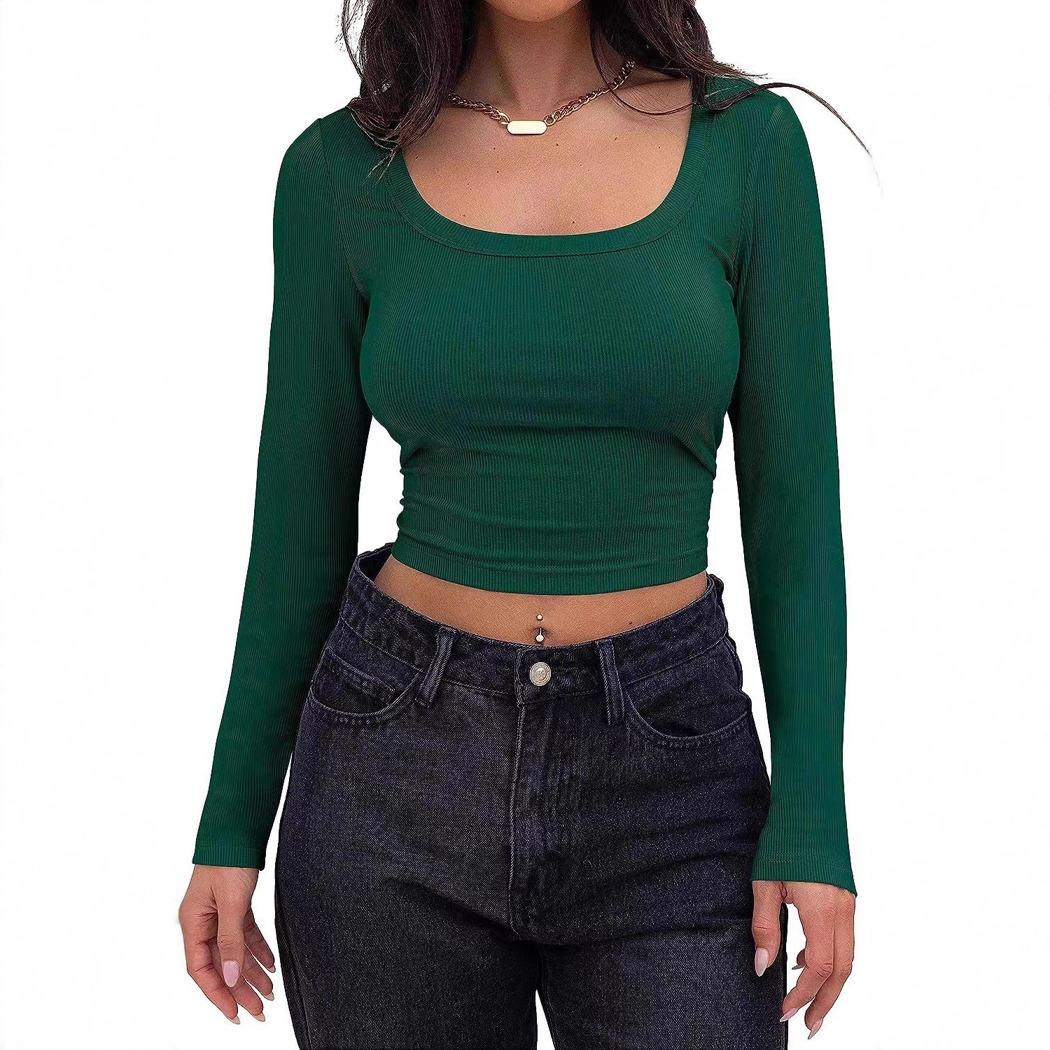 2025 Amazon New European and American Popular Ribbed Slim-Fit Short Long-Sleeve Square-Neck T-Shirt for Women Cross-Border Trade