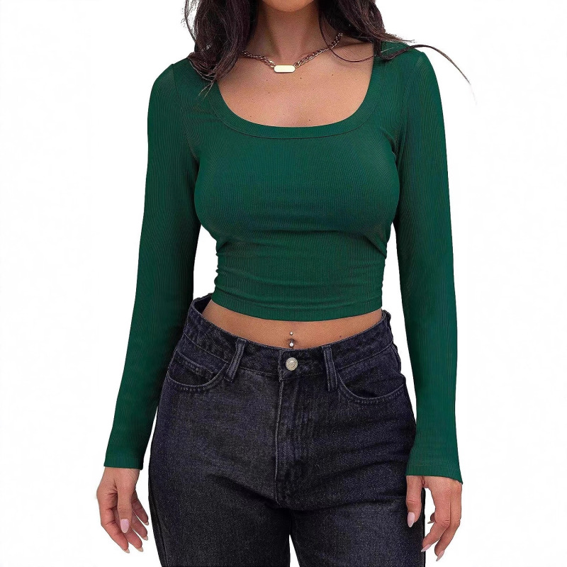 2025 Amazon New European and American Popular Ribbed Slim-Fit Short Long-Sleeve Square-Neck T-Shirt for Women Cross-Border Trade